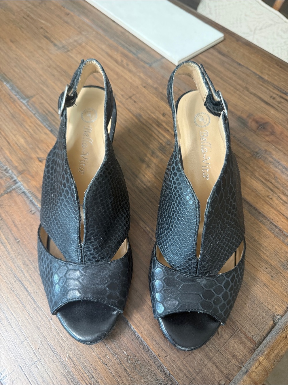 Bella Vita Black Snake-Embossed Slingback Peep-Toe Heels. Super comfortable!